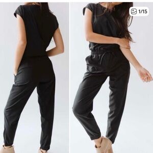 ALBION S Fit Cap Sleeve black elastic tie waist activewear ankle zip jumpsuit